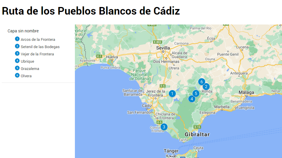 Mapa de la ruta de los Pueblos Blancos de Cádiz