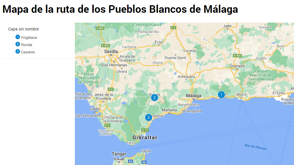 Mapa de la ruta de los Pueblos Blancos de Málaga
